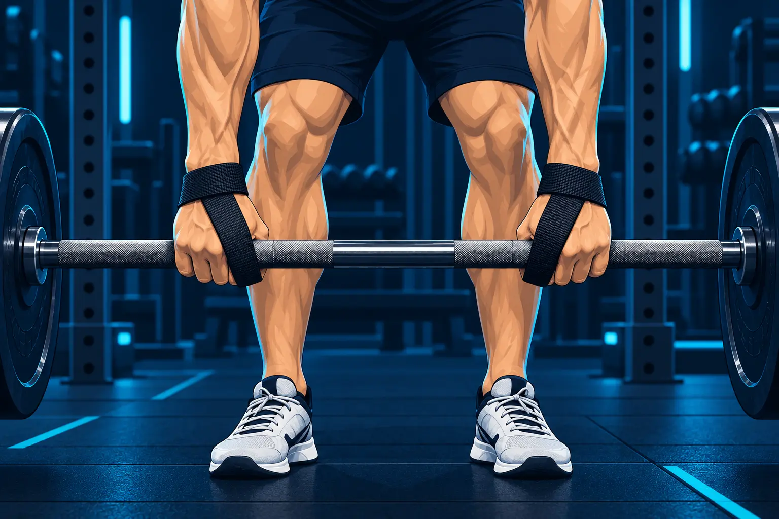 Close view of fabric lifting straps wrapped around a barbell using a double-overhand grip