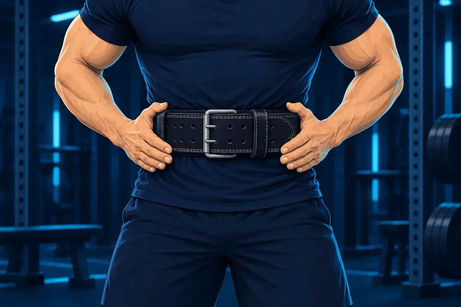 Close view of a lifter placing both hands around a leather belt while practising a circumferential brace