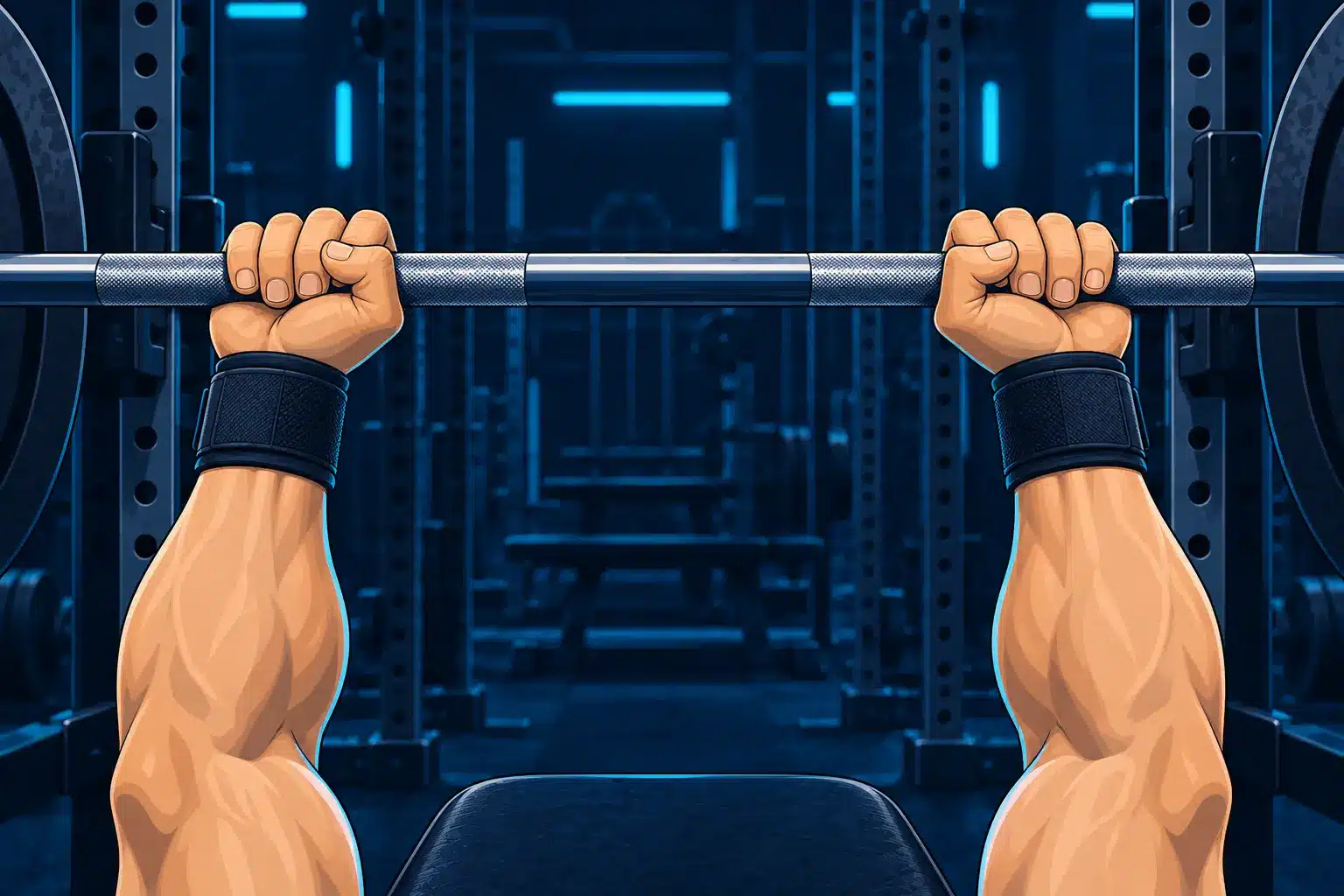 Close view of correctly positioned wrist wraps during a barbell bench-press grip