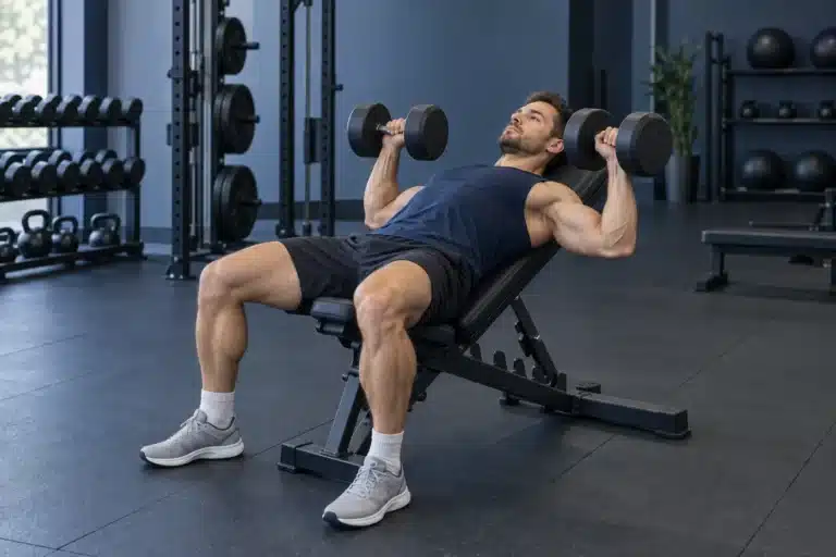 Lifter performing an incline dumbbell press on a low-incline bench