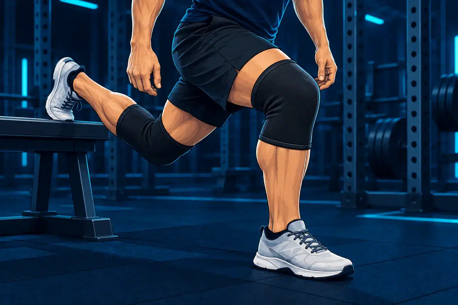 Athlete wearing black neoprene knee sleeves during a Bulgarian split squat