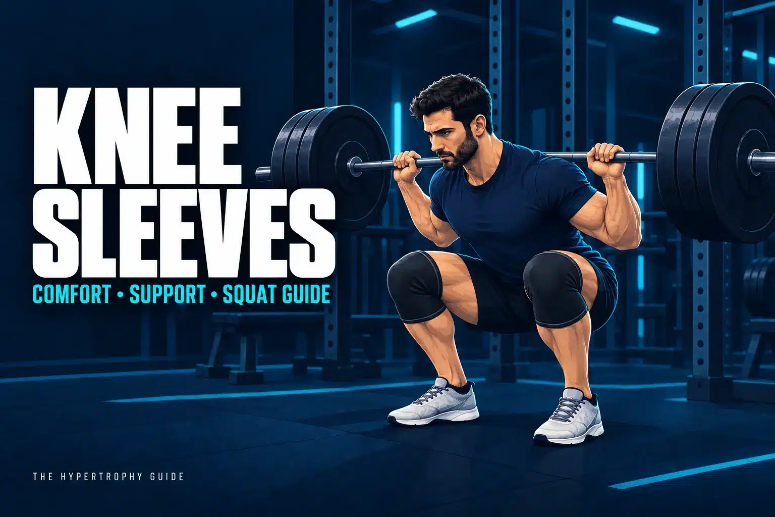 Lifter performing a deep squat while wearing thick black knee sleeves