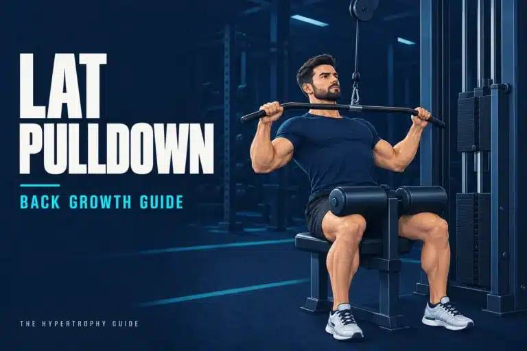 Lifter performing a front lat pulldown with a controlled medium-width grip