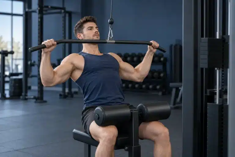 Lifter performing a front lat pulldown with a controlled medium-width grip