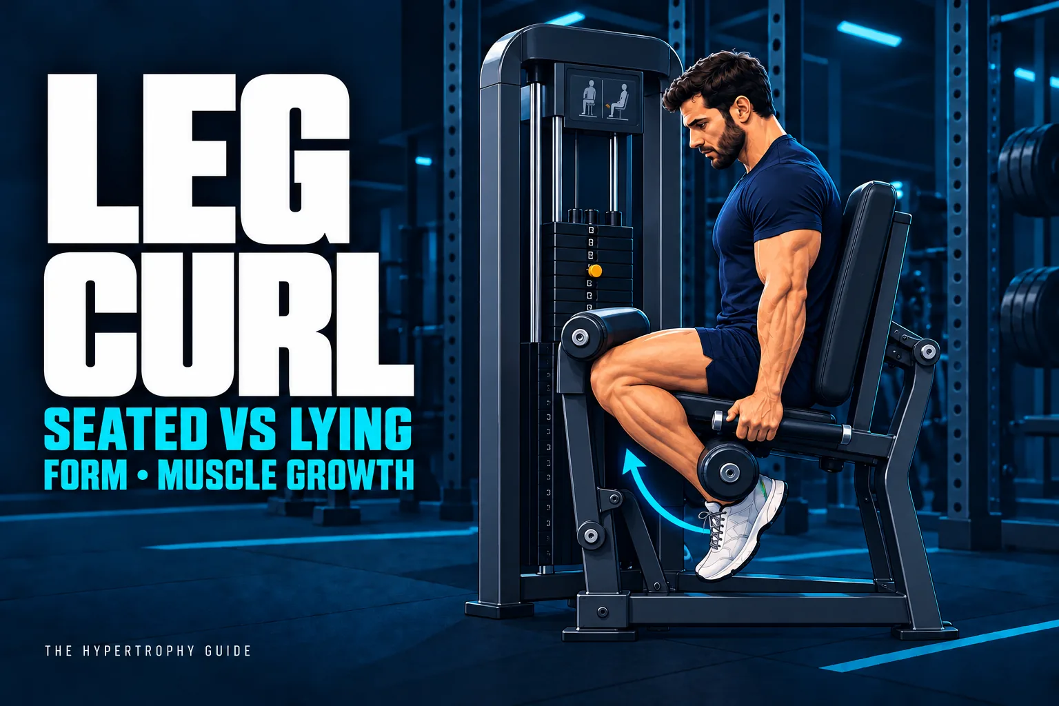 Illustration of a lifter performing a seated leg curl with knees bent and heels pulled back beneath the seat.