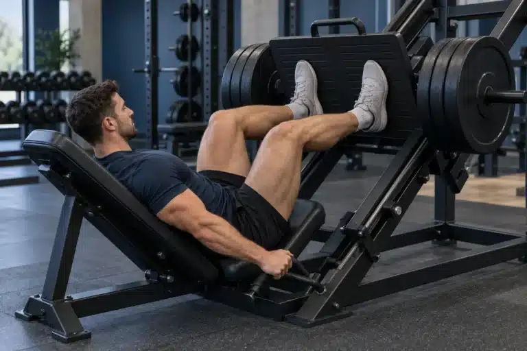 Lifter using a 45-degree leg press with feet placed around the middle of the platform