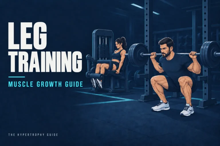 Illustrated athletes performing a barbell squat and leg extension for leg training