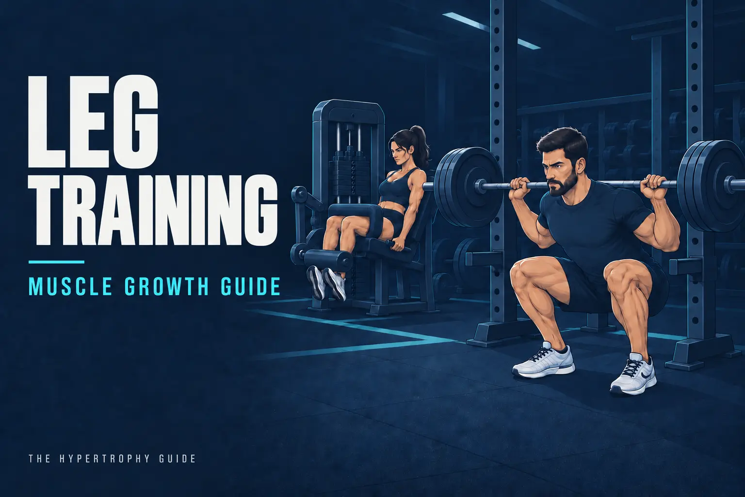 Lifter performing a deep barbell squat during a leg workout for muscle growth
