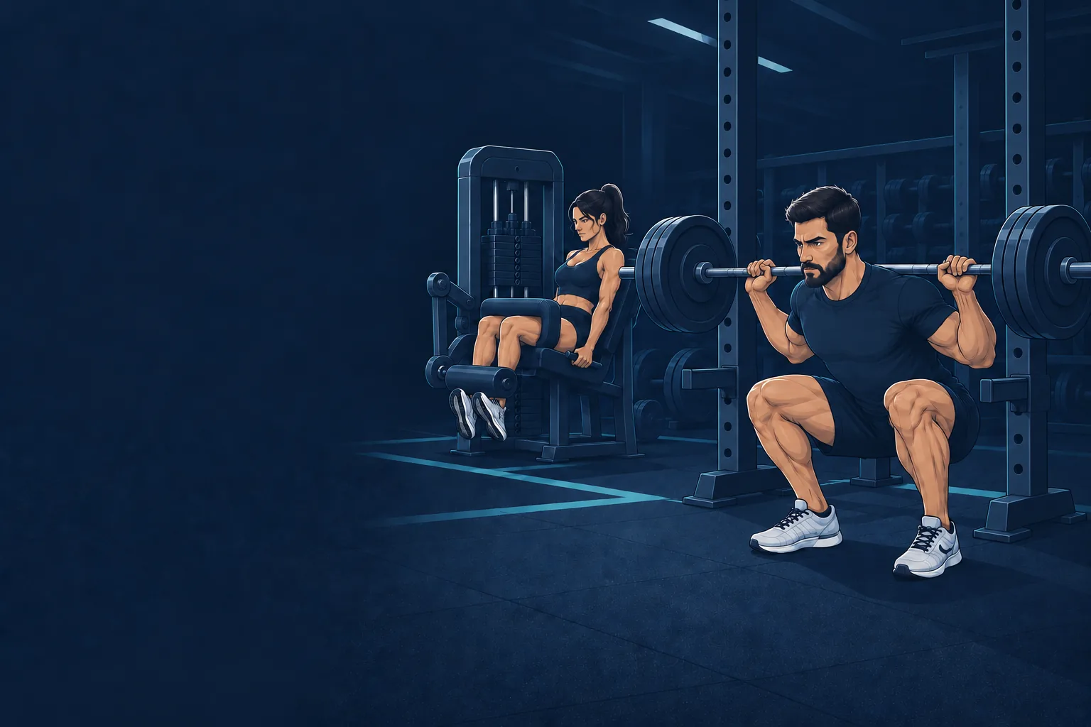 Athletes performing a barbell squat and leg extension in a gym