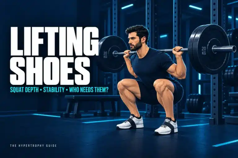 Lifter performing a deep high-bar squat in weightlifting shoes with a raised heel