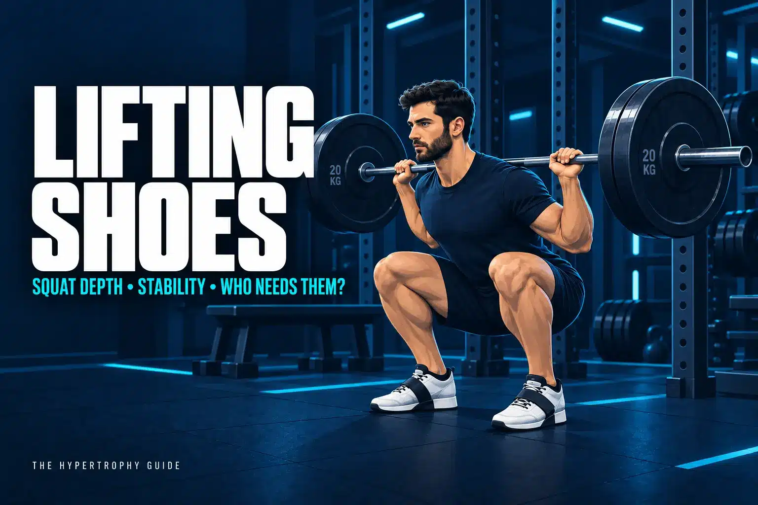 Lifter performing a deep high-bar squat in weightlifting shoes with a raised heel