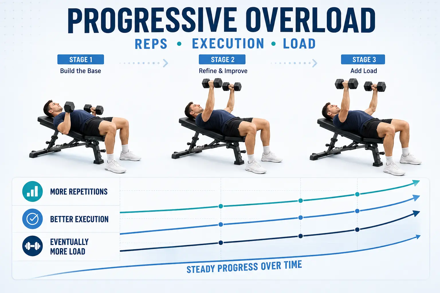 Progressive overload shown as gradual improvement in repetitions, exercise execution and load across repeated training sessions.