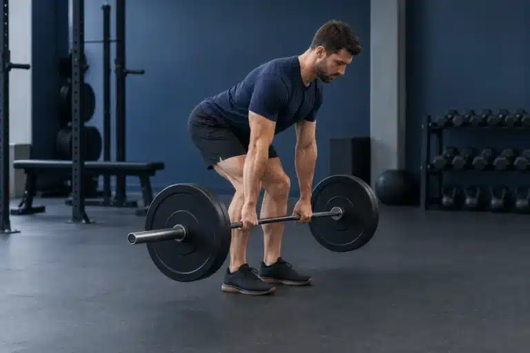 Lifter performing a barbell Romanian deadlift with the hips pushed back and the bar close to the legs