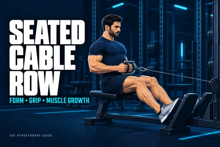 Lifter performing a seated cable row with a close neutral grip and the handle near his lower ribs.