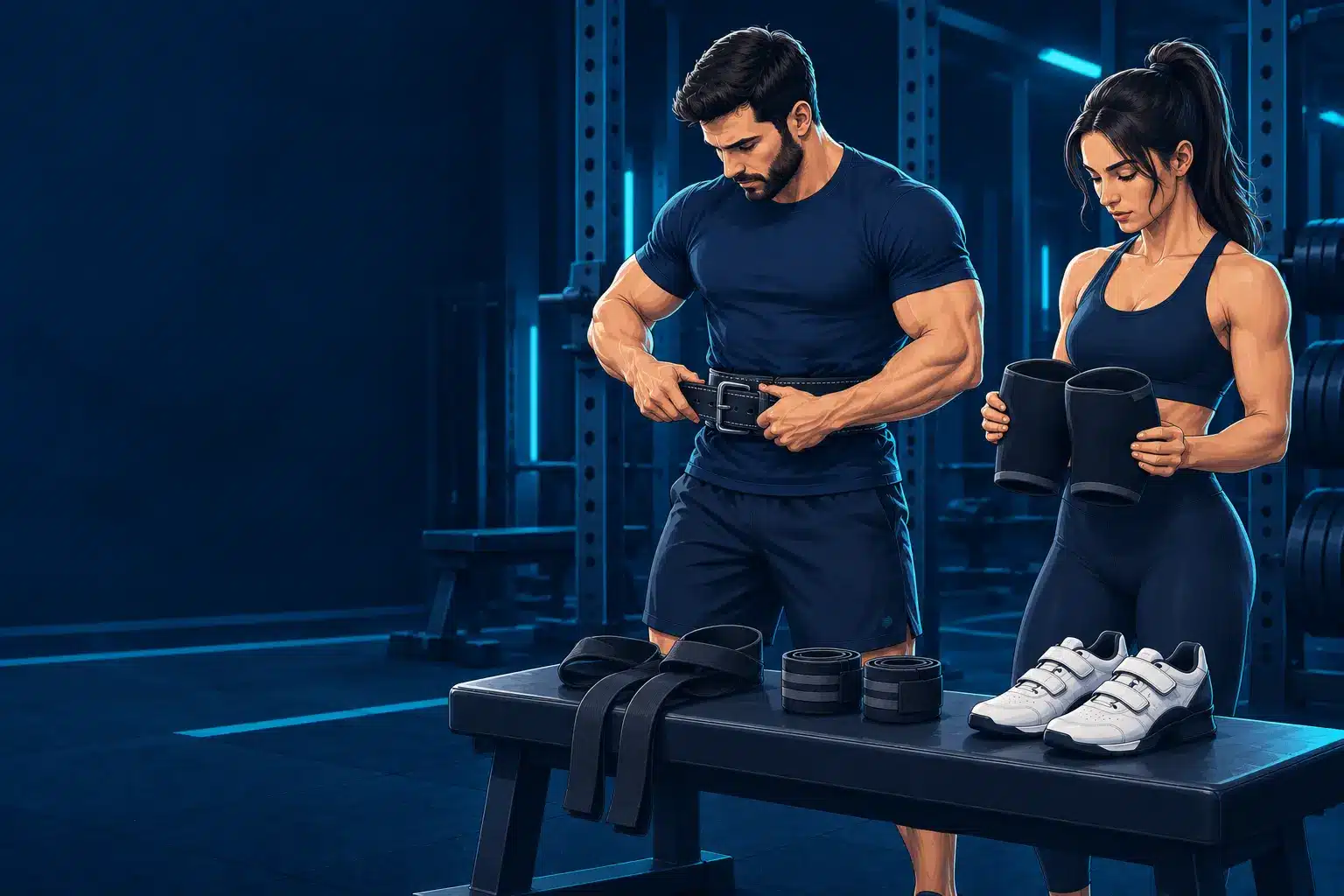 Two lifters preparing personal weightlifting equipment including a belt, knee sleeves, straps, wrist wraps and lifting shoes