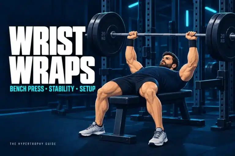 Lifter bench pressing a heavy barbell while wearing black wrist wraps