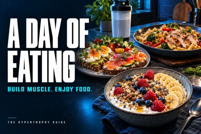 Illustration of yogurt with fruit, whole-grain sandwiches and a chicken pasta meal, with the heading A Day of Eating.