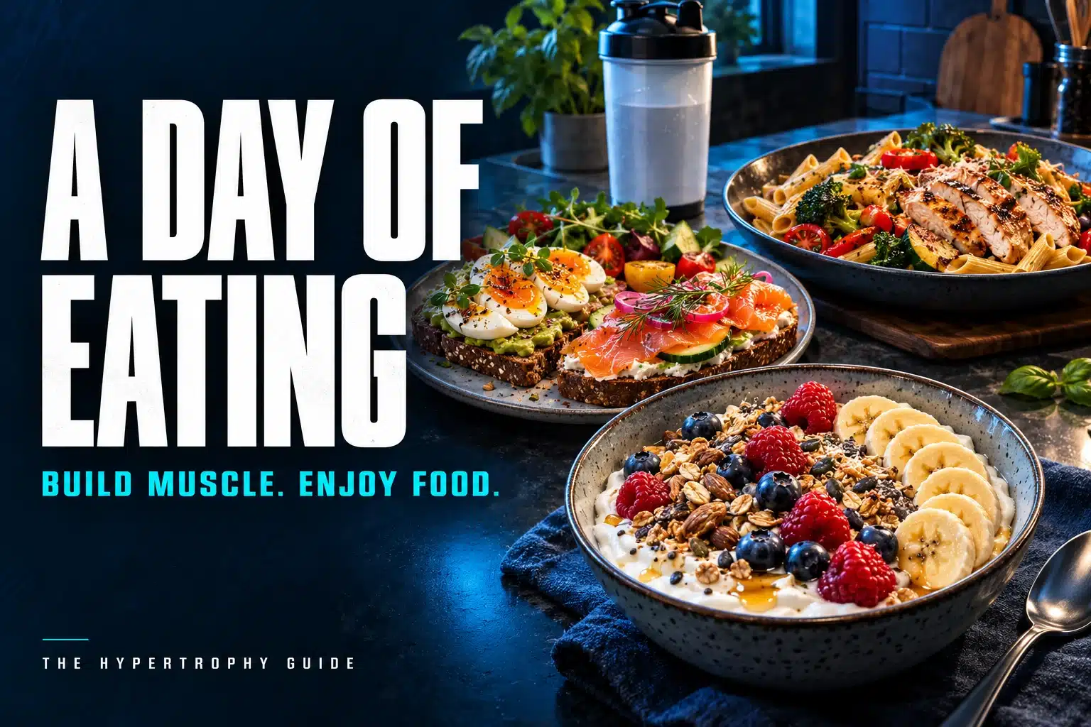Illustration of yogurt with fruit, whole-grain sandwiches and a chicken pasta meal, with the heading A Day of Eating.