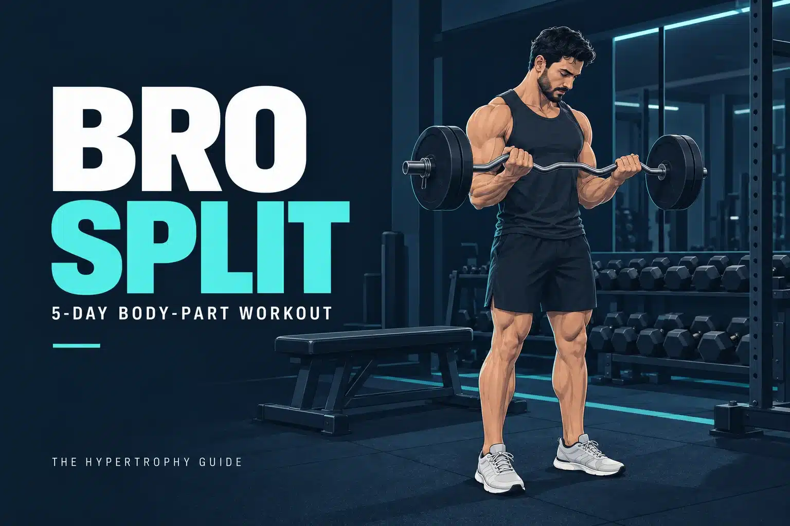 Bro split workout cover showing a lifter performing an EZ-bar curl