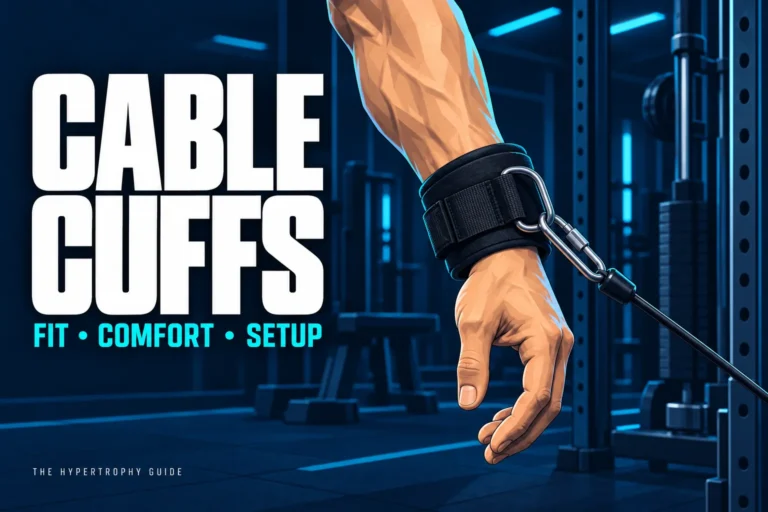 Padded cable cuff fitted just above the wrist and connected to a gym cable with a carabiner.