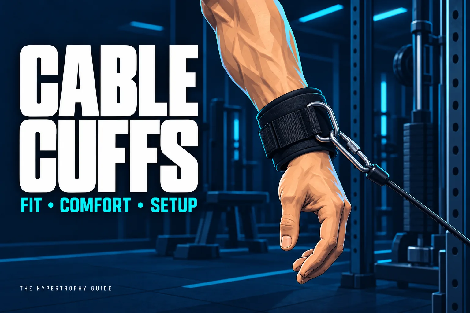 Padded cable cuff fitted just above the wrist and connected to a gym cable with a carabiner.
