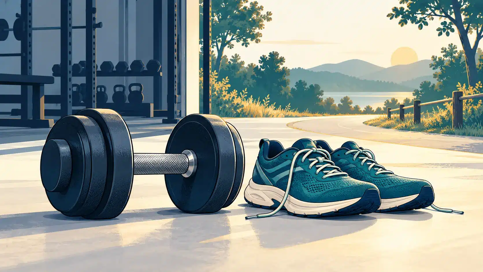Illustration of a dumbbell and running shoes beside a gym and an outdoor path.