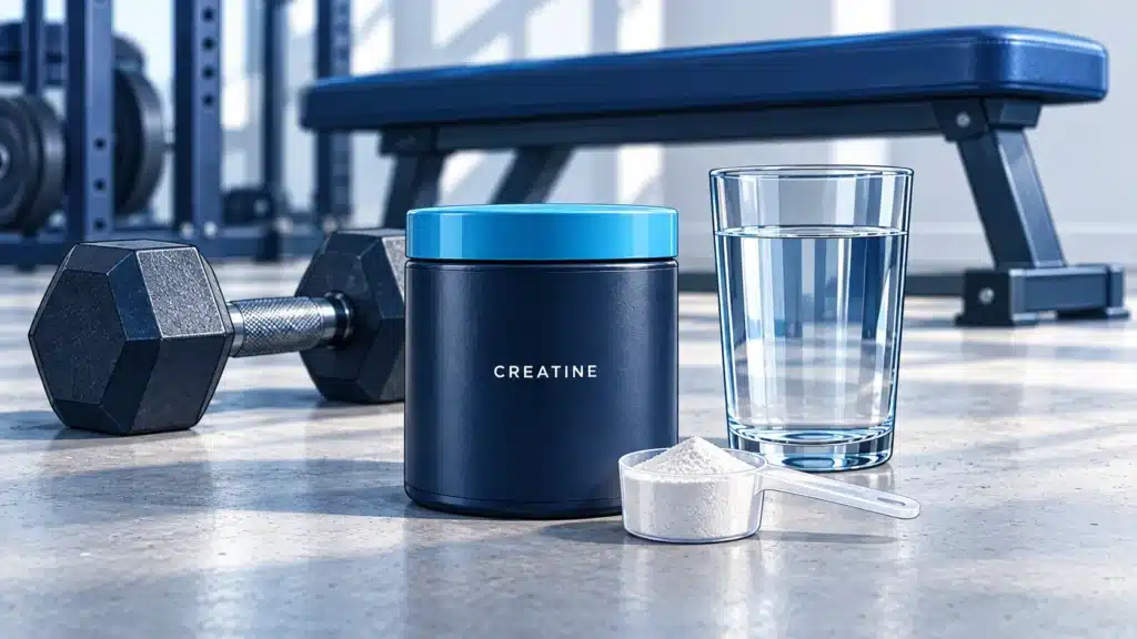 Illustration of a creatine tub, powder scoop and glass of water beside a dumbbell and a blue workout bench.