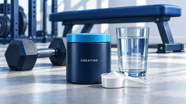 Illustration of a creatine tub, powder scoop and glass of water beside a dumbbell and a blue workout bench.