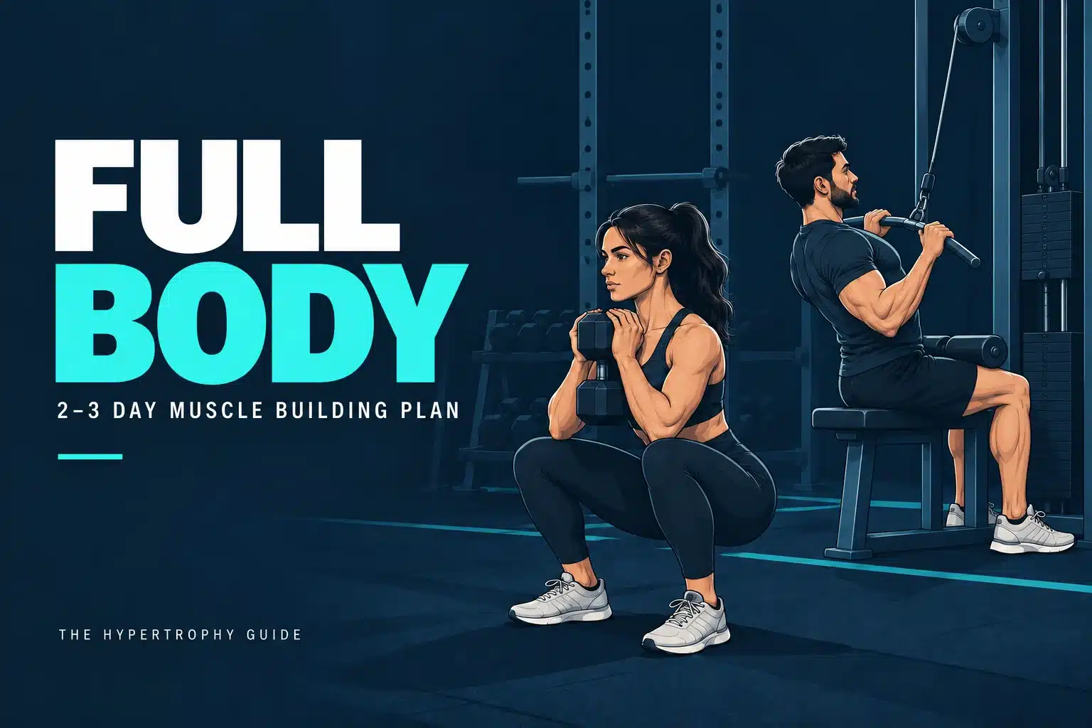 Illustrated full-body workout cover with a goblet squat and lat pulldown