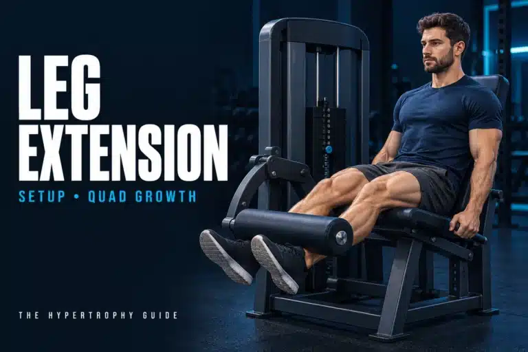 Illustration of a seated lifter performing a leg extension, with the heading Leg Extension: Setup and Quad Growth.