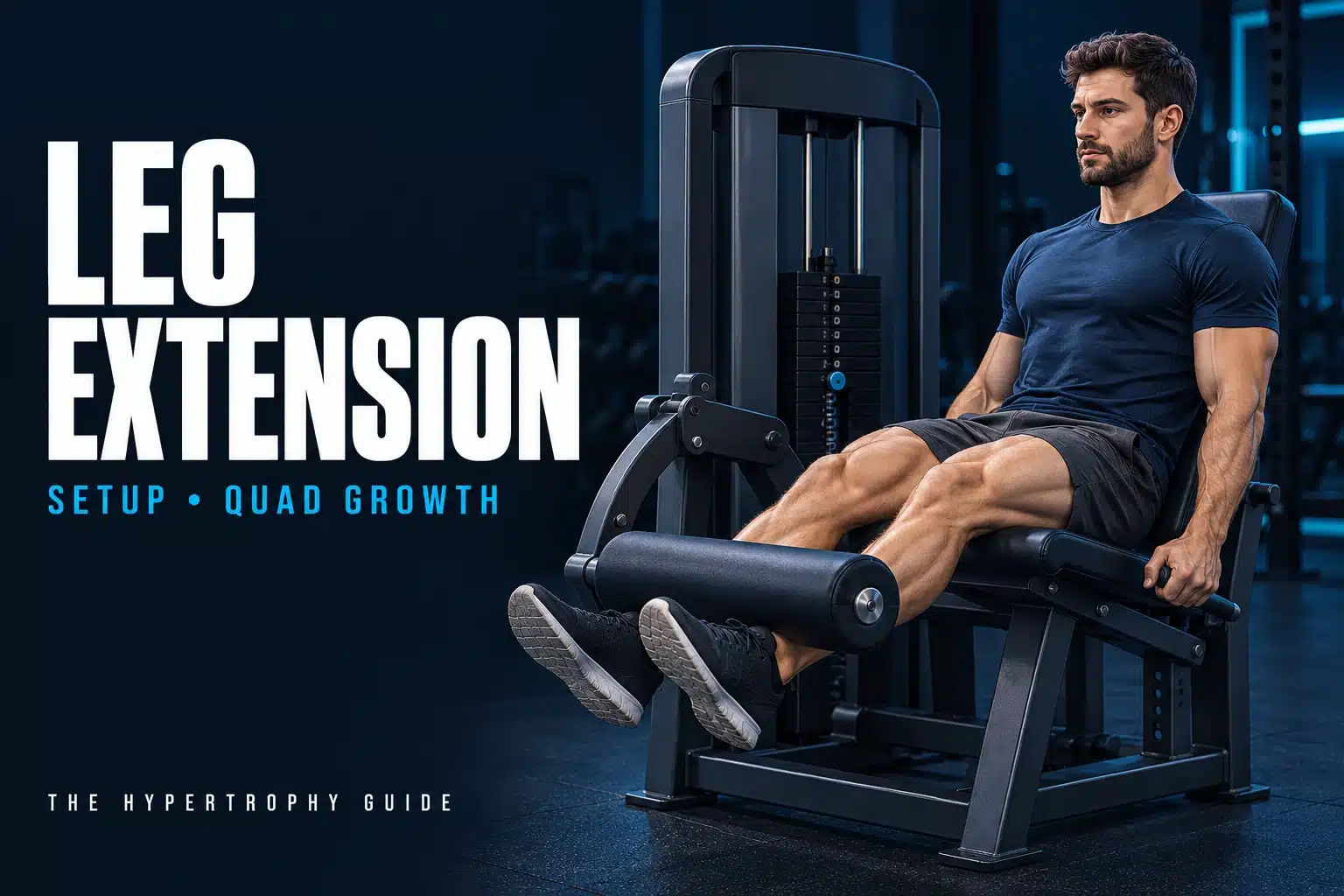 Illustration of a seated lifter performing a leg extension, with the heading Leg Extension: Setup and Quad Growth.
