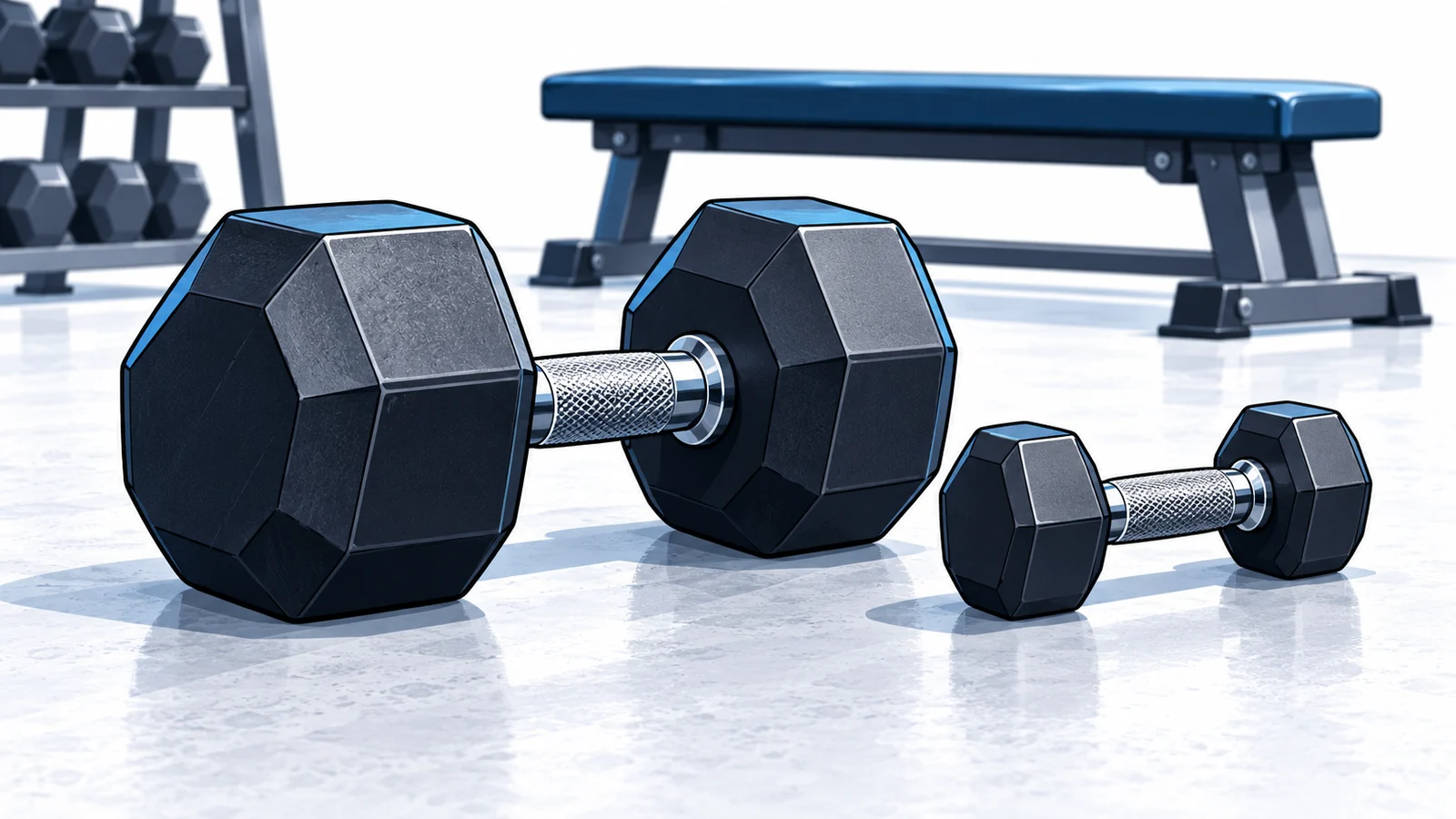 Illustration of a large and a small dumbbell on a gym floor, with a blue bench in the background.