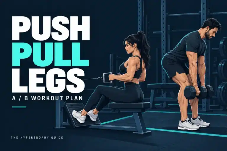 Push pull legs workout cover showing a seated cable row and dumbbell Romanian deadlift.