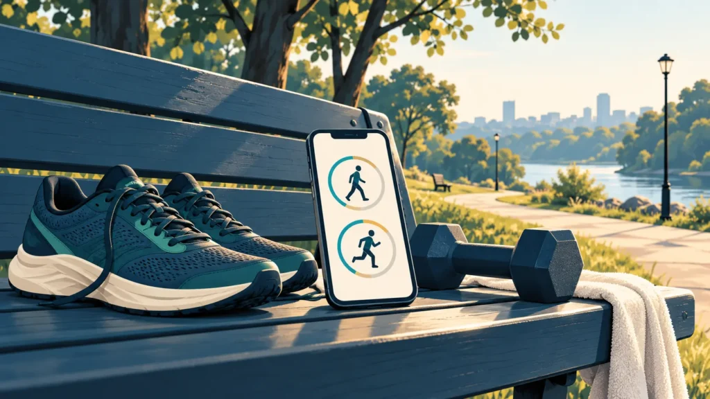 Illustration of running shoes, a phone showing walking and running symbols, and a dumbbell on a park bench.