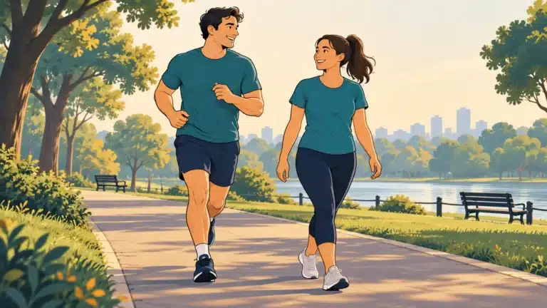 Illustration of a beginner jogging gently beside a walking companion in a park.