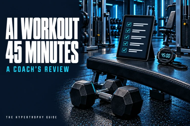 Illustration of a workout checklist, a stopwatch showing 45 minutes and dumbbells in a gym.