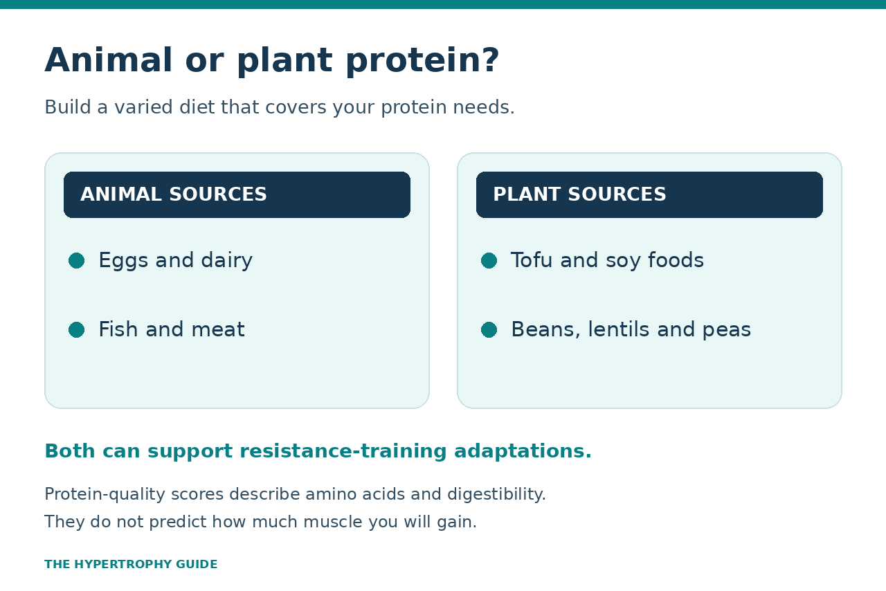 Animal and plant protein food examples with a reminder that both can support resistance-training adaptations and protein quality scores do not predict muscle gain.
