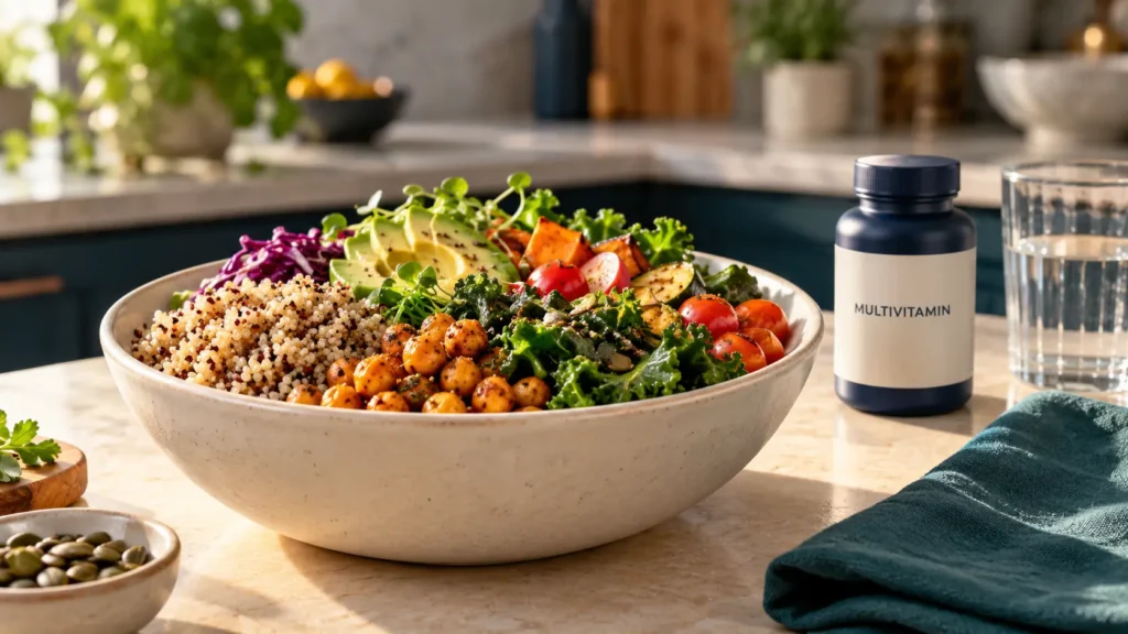 A varied meal beside an illustrative multivitamin bottle and a glass of water.