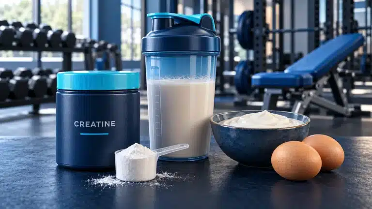 Creatine tub, protein shaker, yogurt and eggs in a gym setting.
