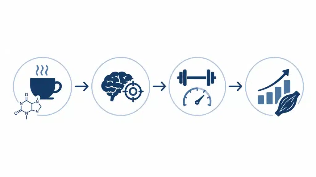 Diagram showing how caffeine can improve focus, perceived effort and training performance during strength training.