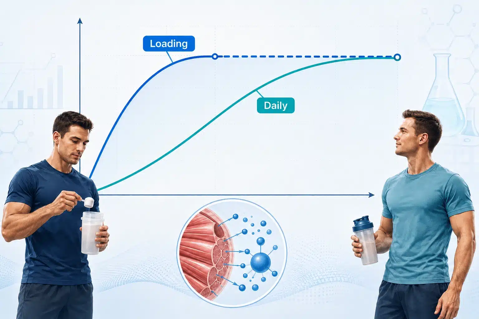 Creatine loading and daily dosing curves showing that loading saturates muscle creatine stores faster while both approaches reach a similar level.
