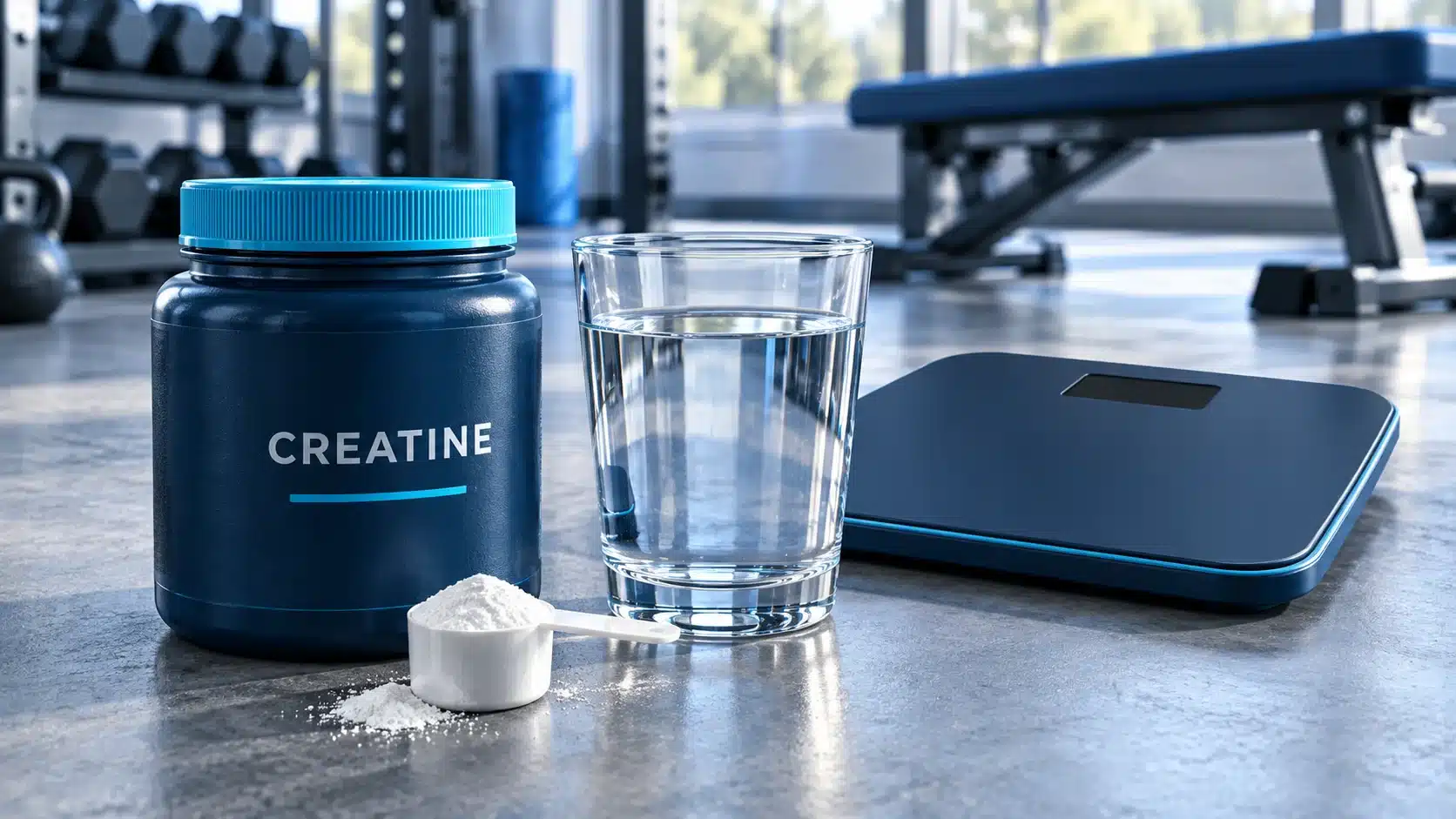 Creatine tub, glass of water, powder scoop and a digital scale in a gym setting.