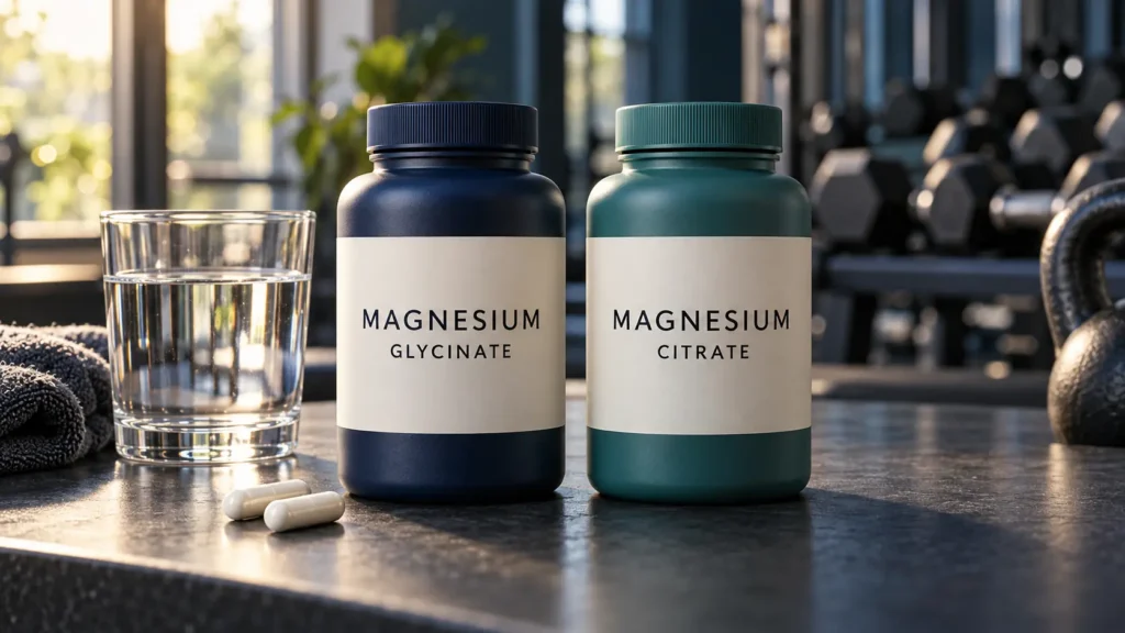 Illustrative magnesium glycinate and citrate bottles beside a glass of water in a gym.