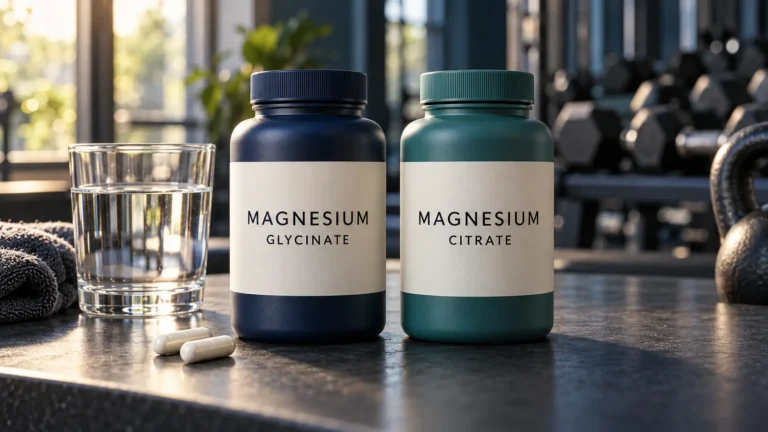 Illustrative magnesium glycinate and citrate bottles beside a glass of water in a gym.