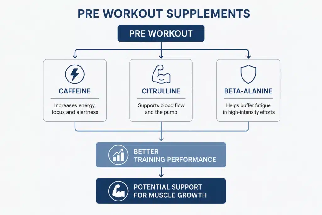 Pre workout supplements diagram showing caffeine, citrulline and beta-alanine as the main evidence-based ingredients for training performance.