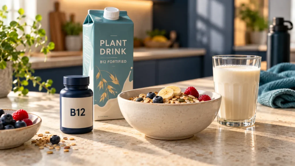 Vitamin B12 supplement and B12-fortified plant drink beside a breakfast bowl.