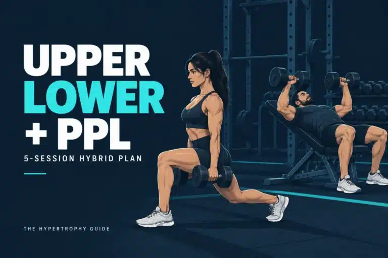 Upper lower PPL workout cover showing a dumbbell split squat and incline dumbbell press.